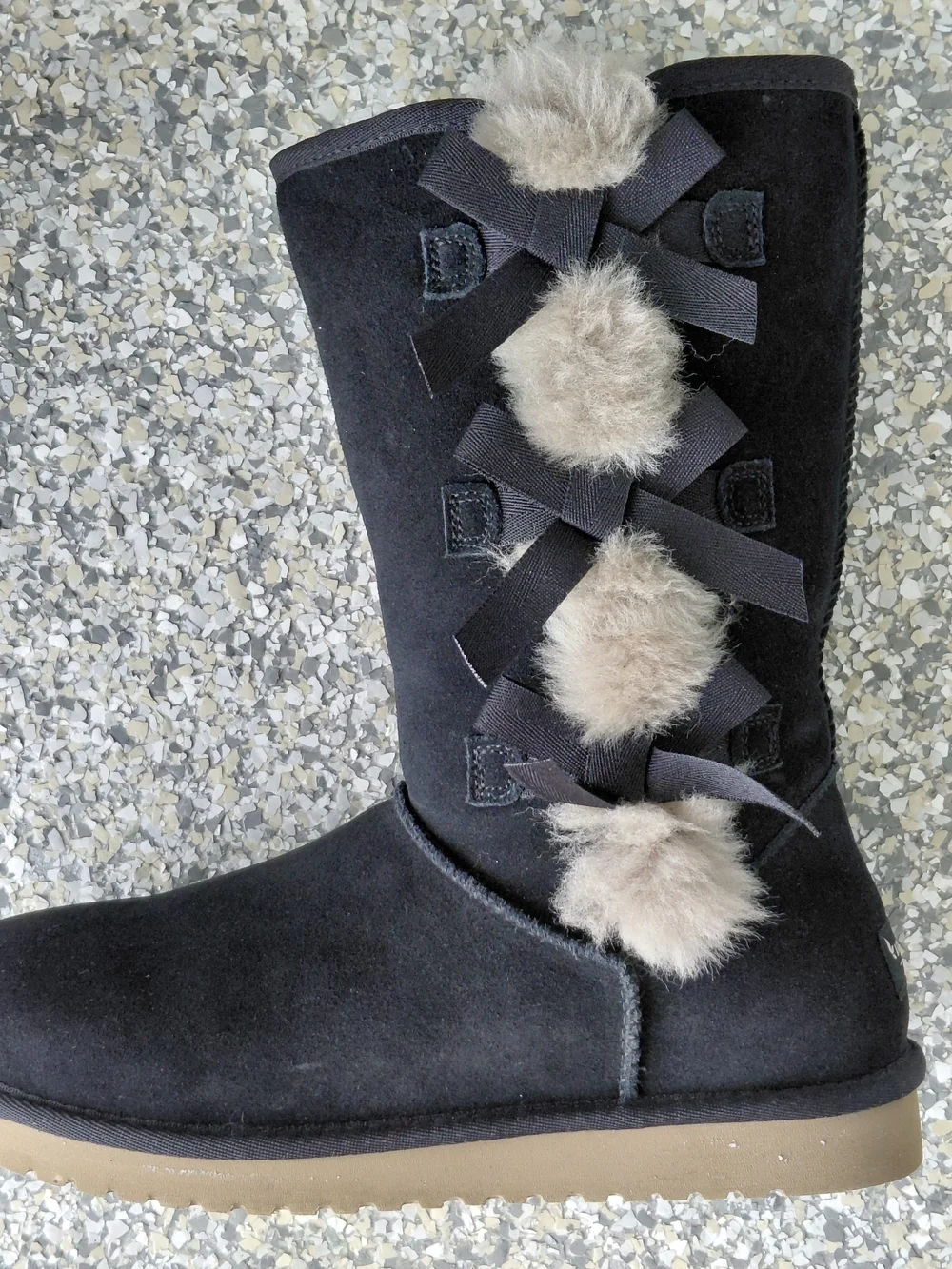 Black Pom-Pom Suede Mid-Calf Boots